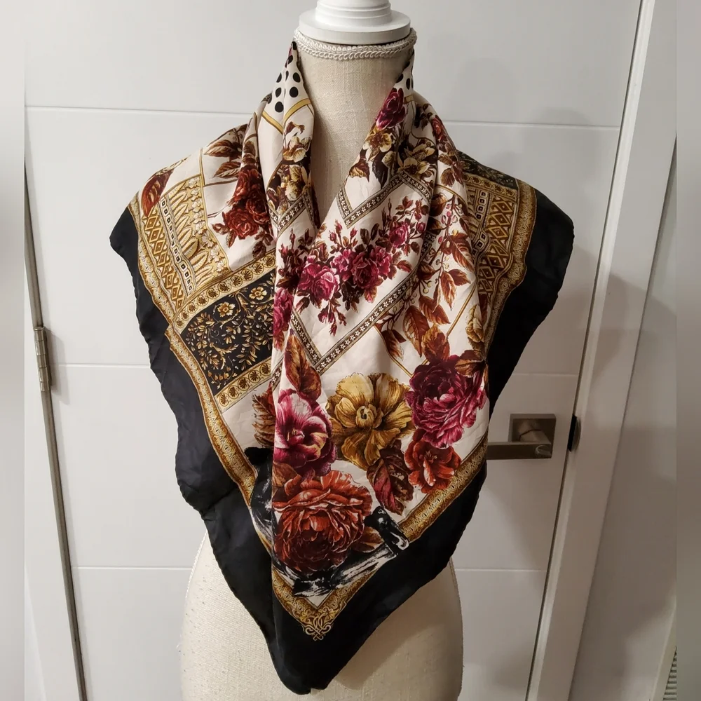 MaxMara Floral Silk Scarf in Black and Gold